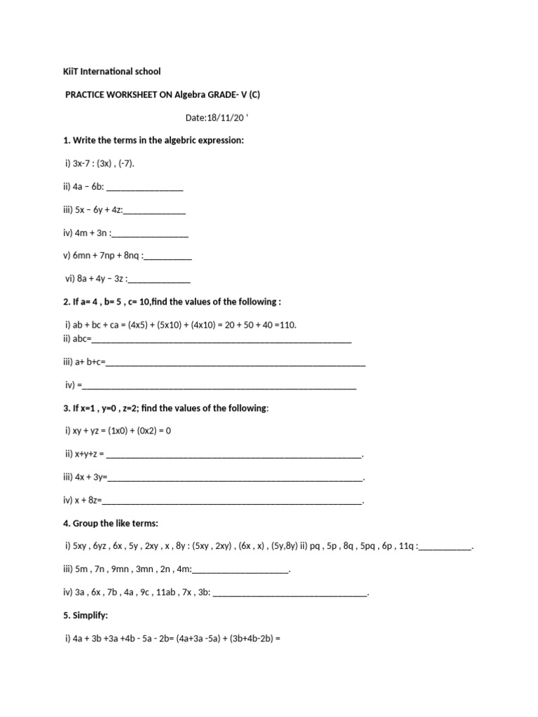 Class 5 Algebra Practice Worksheet | PDF