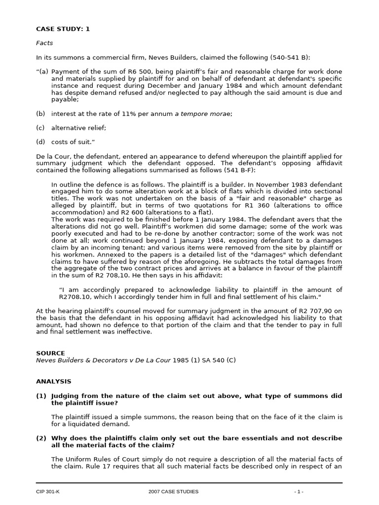 Neves Builders Case Study Analysis | PDF | Summary Judgment | Summons