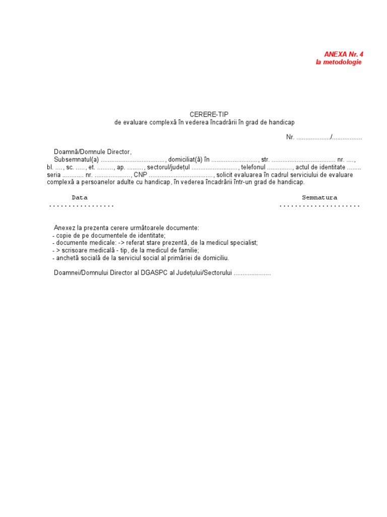 Cerere Tip - Documente Necesare Pensie Handicap - ANPH | PDF