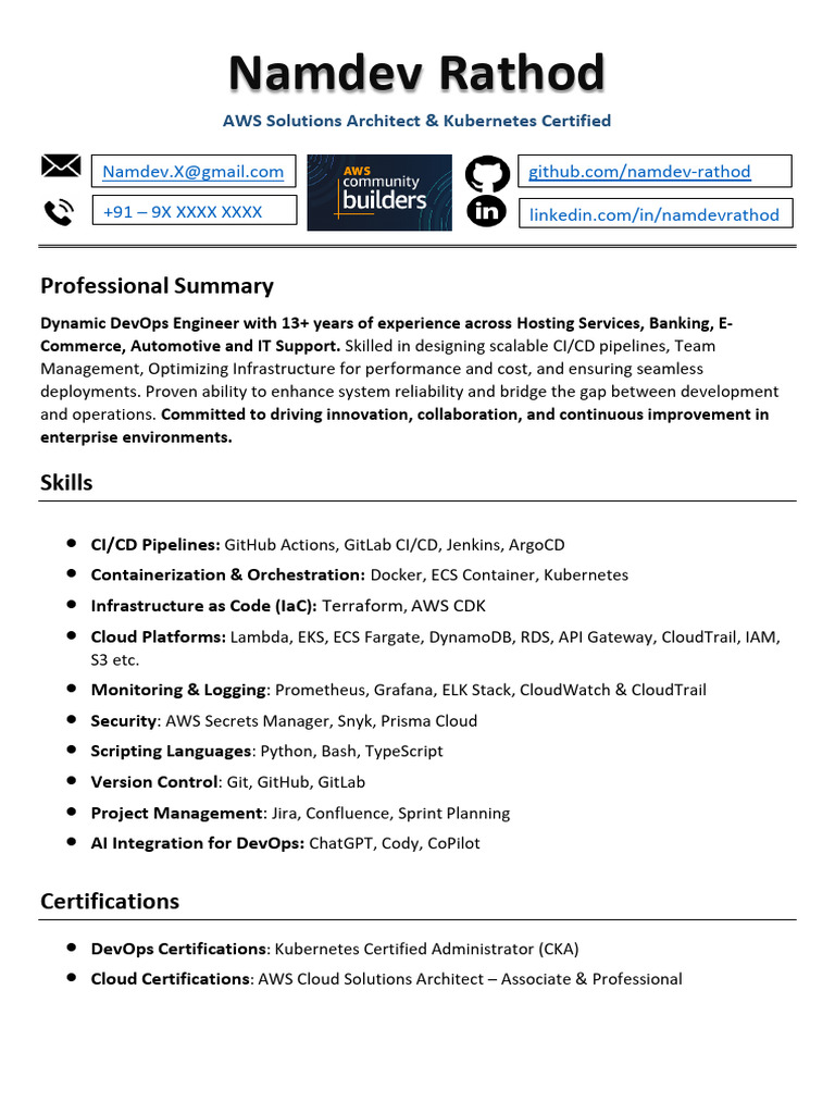 Namdev Rathod DevOps Engineer Resume | PDF | Information Technology ...
