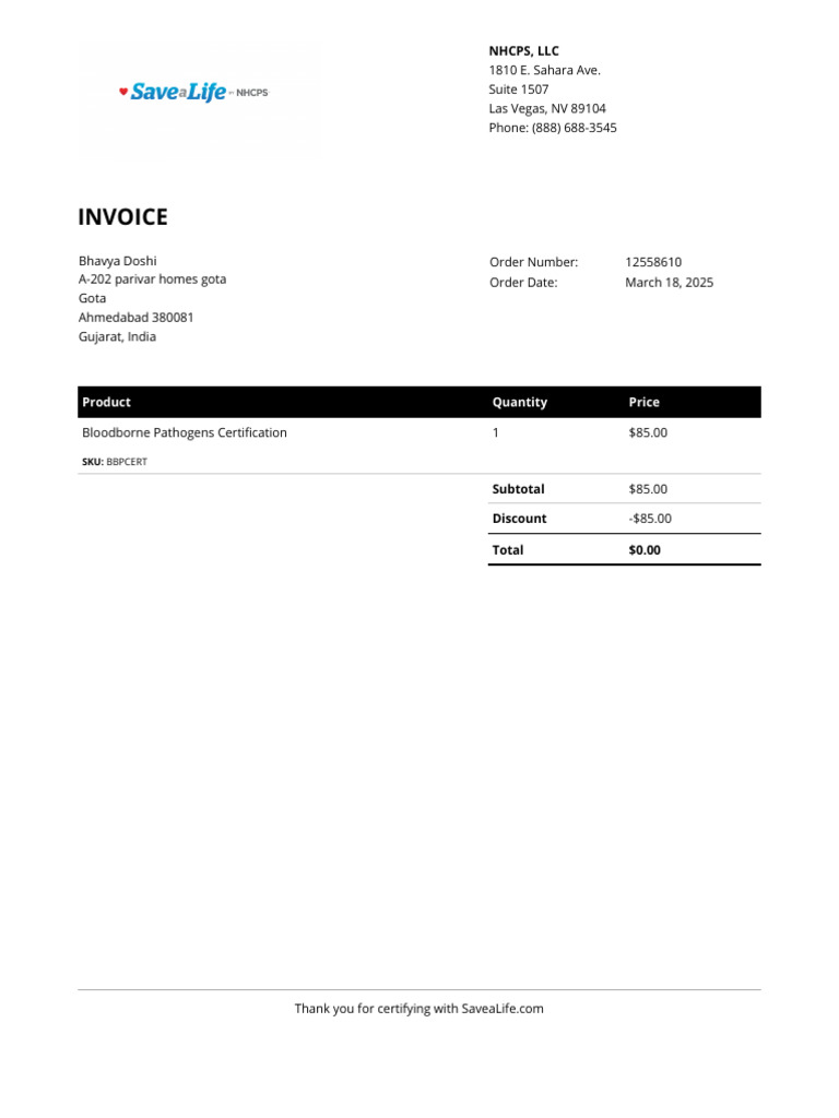 Bloodborne Pathogens Certification Invoice | PDF