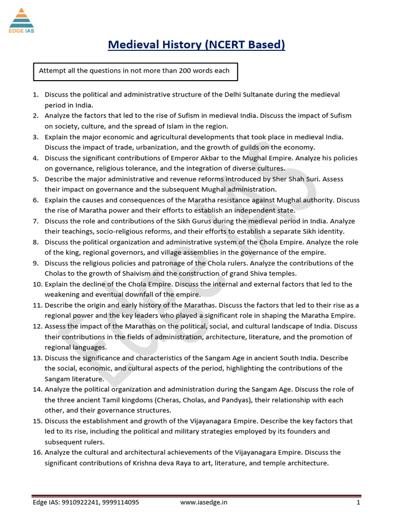 Medieval Indian History Exam Guide | PDF | Mughal Empire | South Asia
