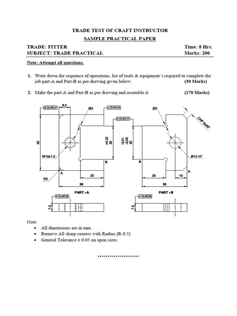 Fitter Trade Test Practical Paper | PDF