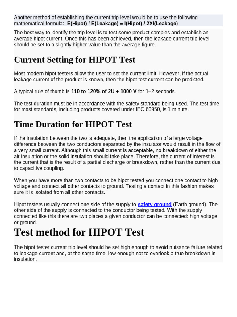 HIPOT Test Current Setting Guidelines | PDF