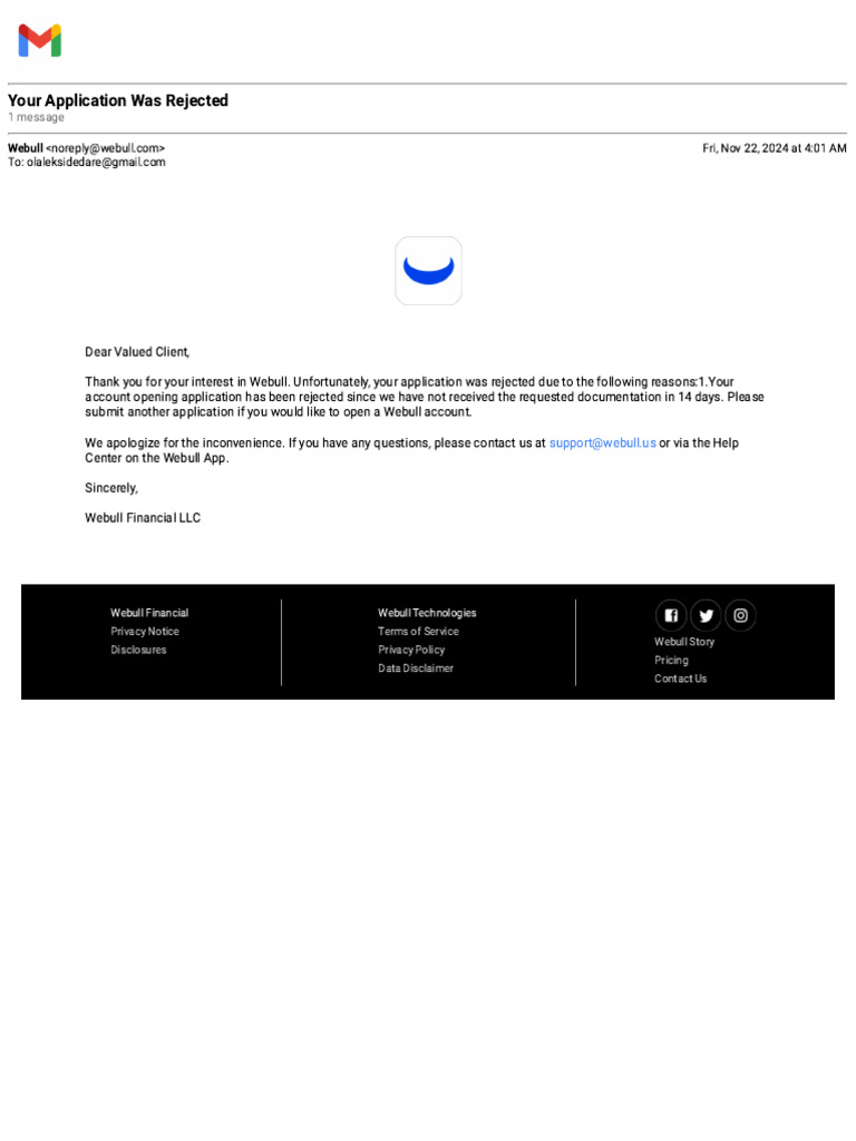 Application Rejection Notice from Webull PDF Investing Financial