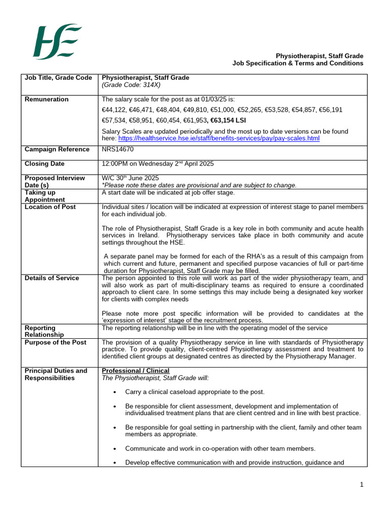 Staff Grade Physiotherapist Job Details | PDF | Occupational Safety And ...
