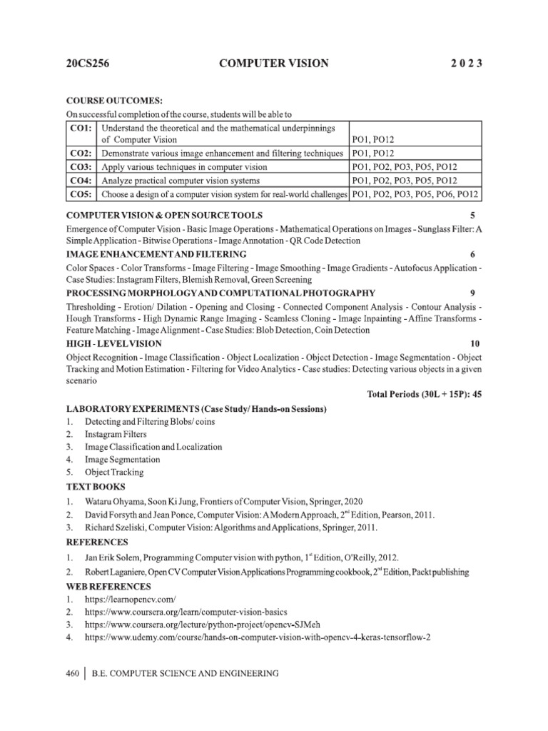 20CS256 Computer Vision | PDF