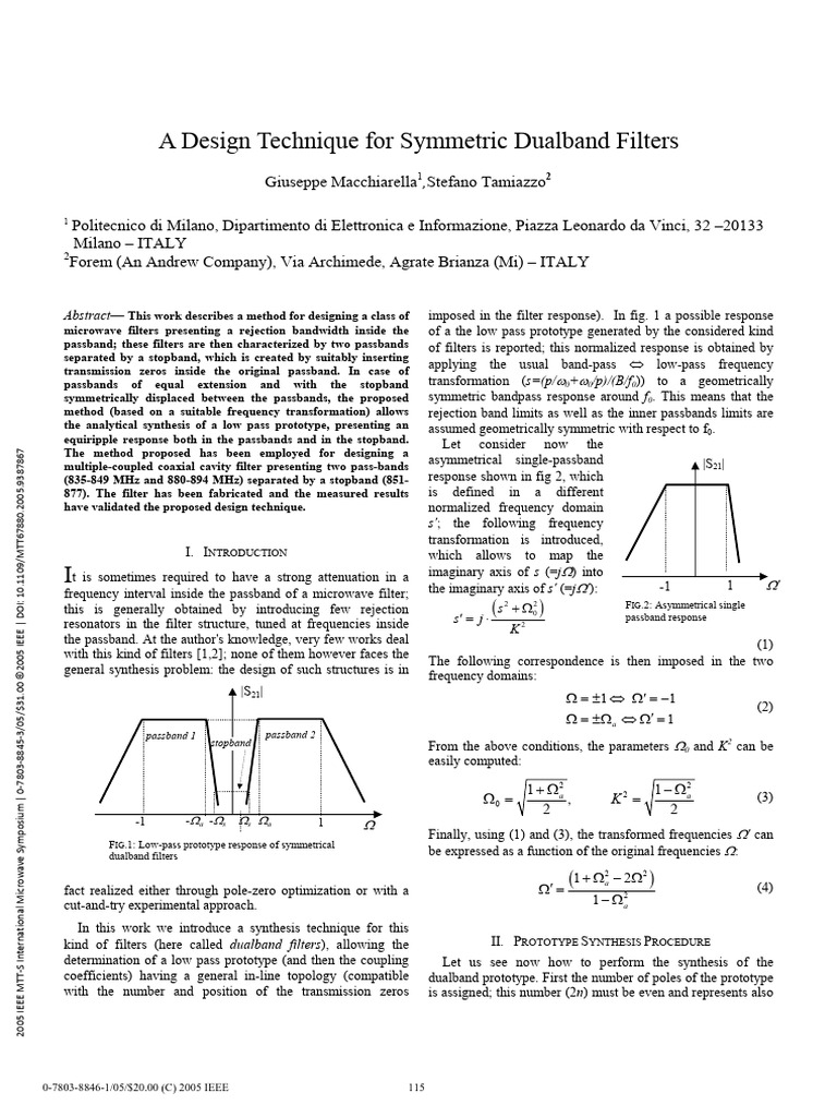 Symmetric Dualband Filter Design Technique | PDF | Low Pass Filter ...