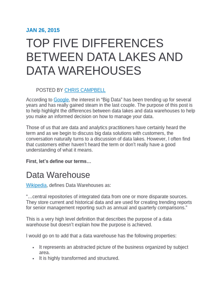 Top Five Differences Between Data Lakes And Data Warehouses Pdf