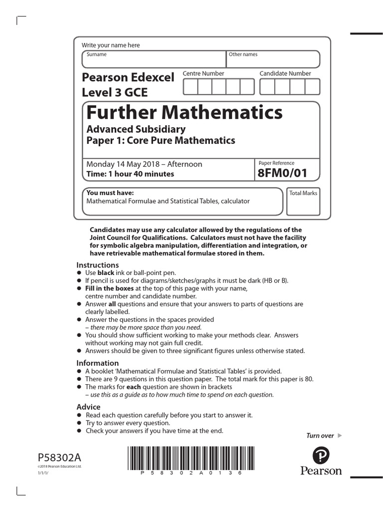 Further Mathematics AS Paper 1 Exam | PDF | Area | Mathematics