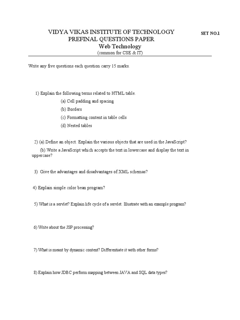 Vidya Vikas Institute of Technology Prefinal Questions Paper Web ...