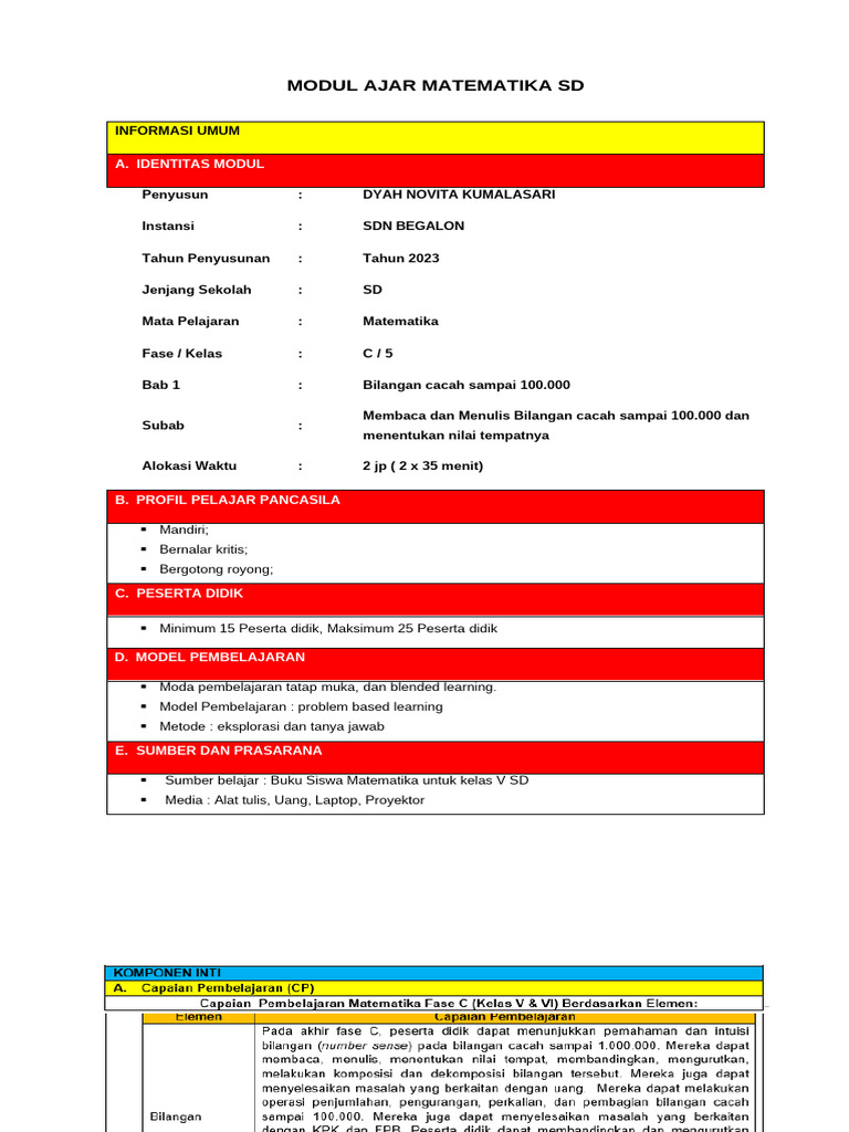 Modul Ajar Matematika SD Kelas 5 | PDF