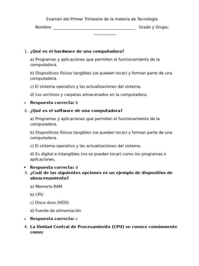 Examen de Tecnología: Hardware y Software | PDF | Hardware de la ...