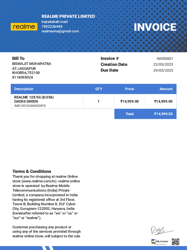 Realme Invoice for 12X 5G Purchase | PDF