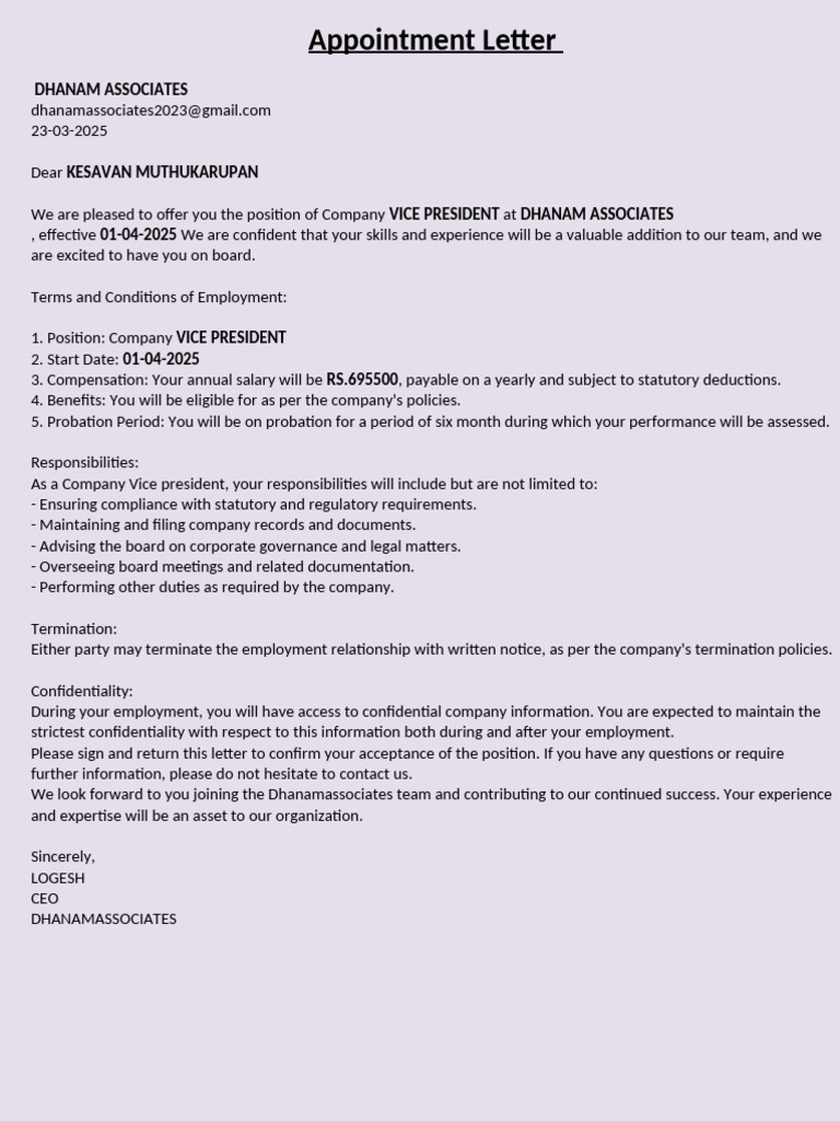 Appointment Letter for Vice President | PDF