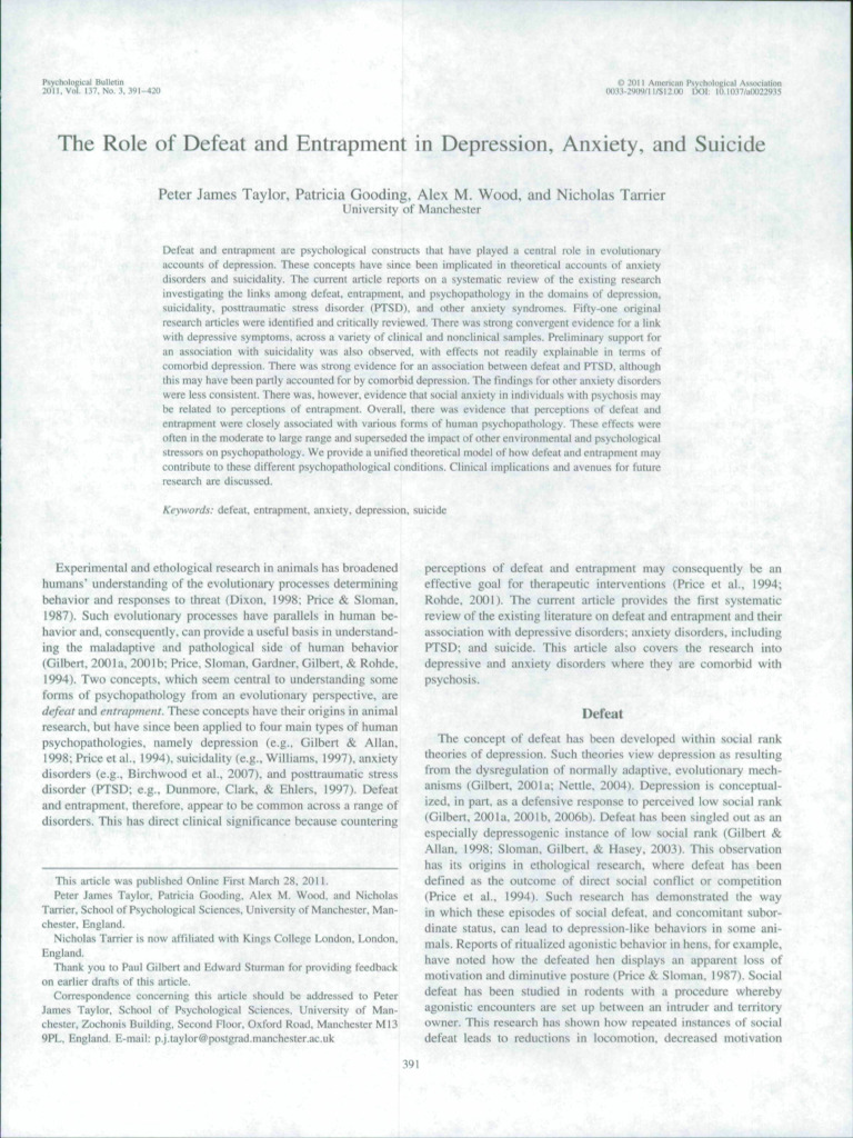The Role of Defeat and Entrapment in Depression, Anxiety, and Suicide ...
