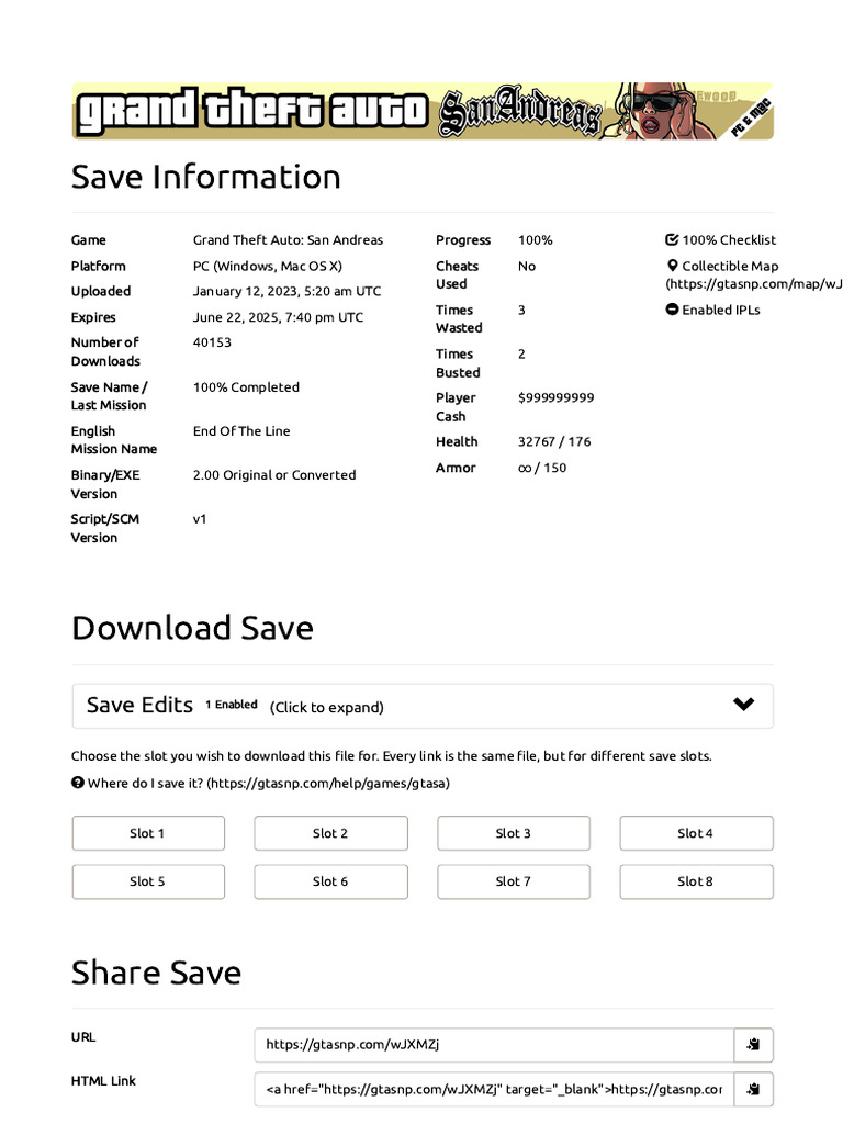100% Completion Save for GTA: SA | PDF