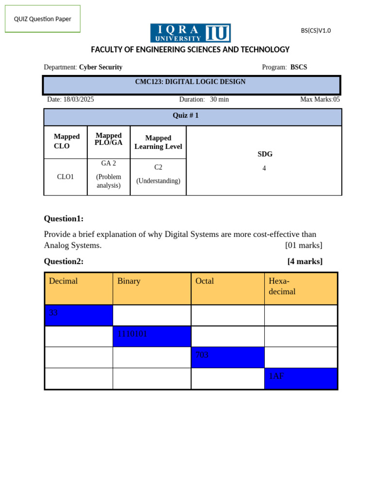 Digital Logic Design Quiz Overview | PDF | Analogue Electronics ...