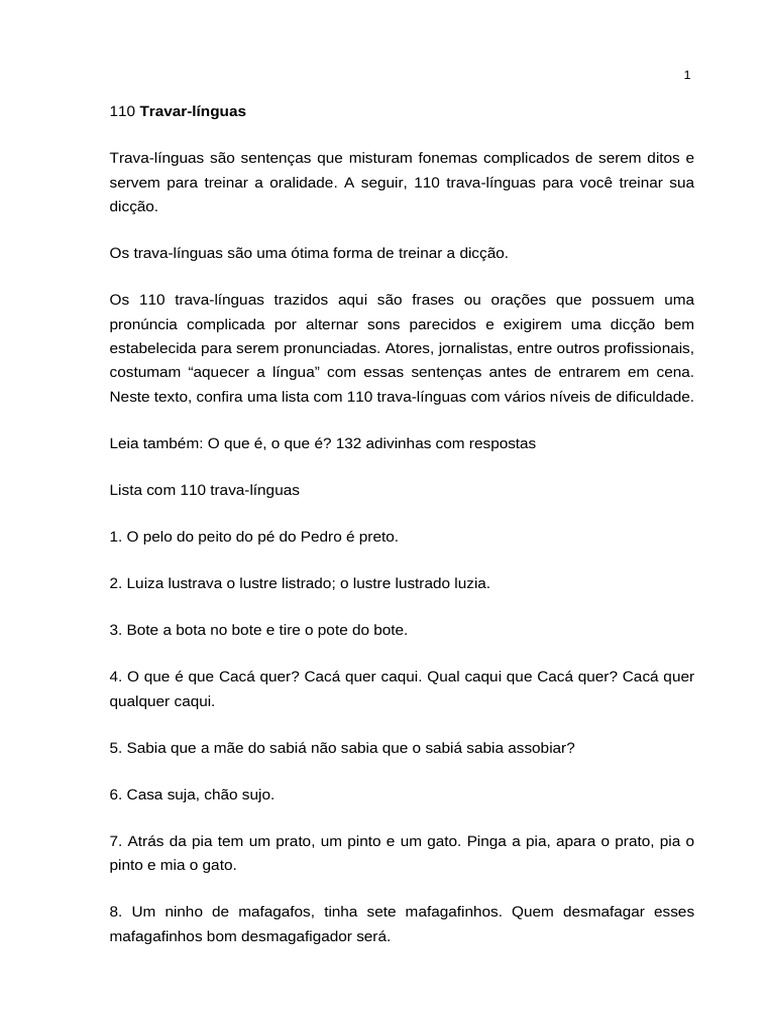 110 Trava-línguas para Treinar Dicção | PDF