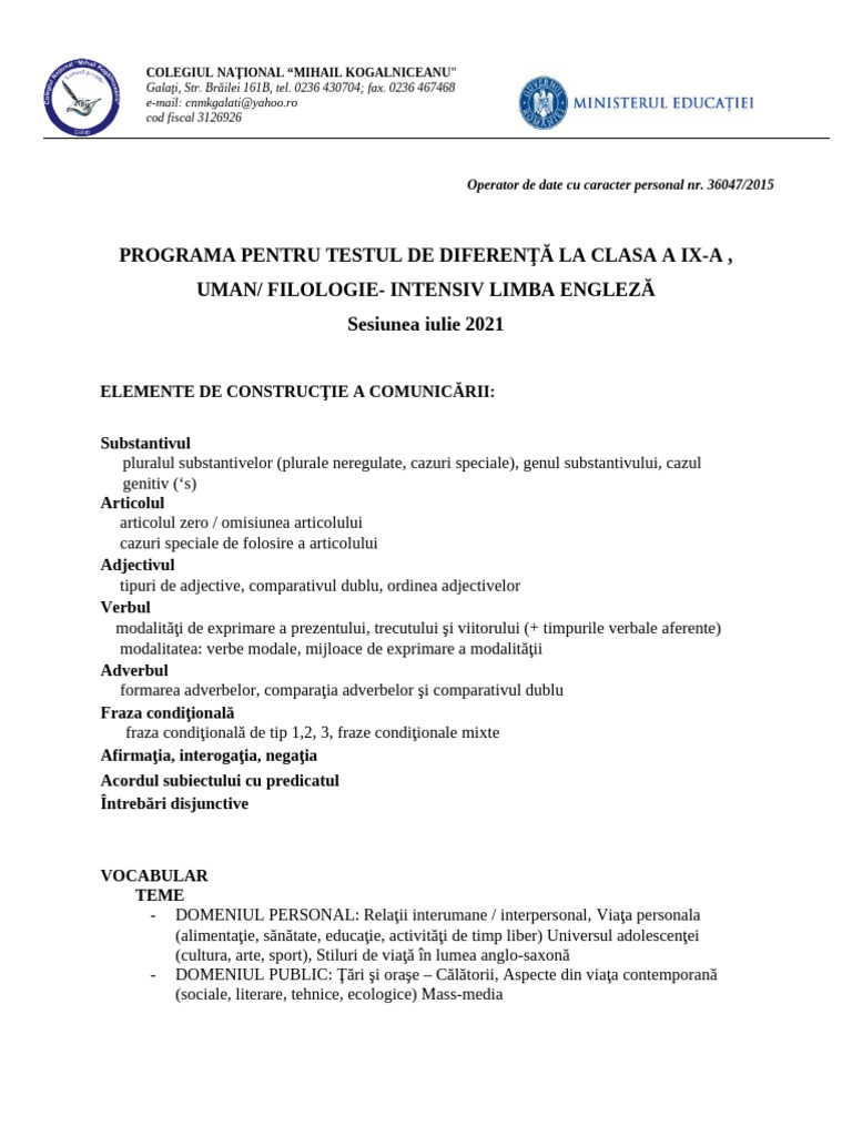 Programa Pentru Testul de Diferenta La Clasa A Ix 2 | PDF
