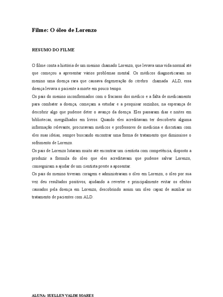 Resumo do Filme "O Óleo de Lorenzo" | PDF