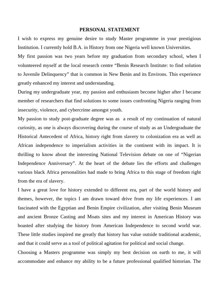 Master's in History Personal Statement | PDF | Learning | Expert