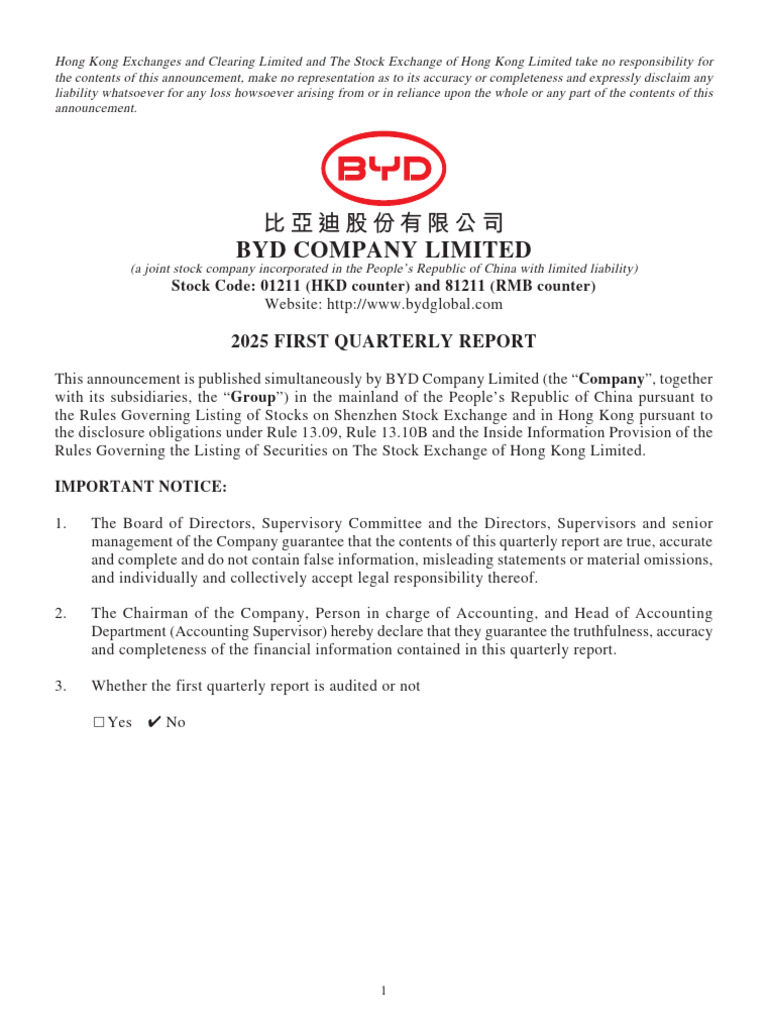 BYD 2025 First Quarterly Report | PDF | Expense | Equity (Finance)