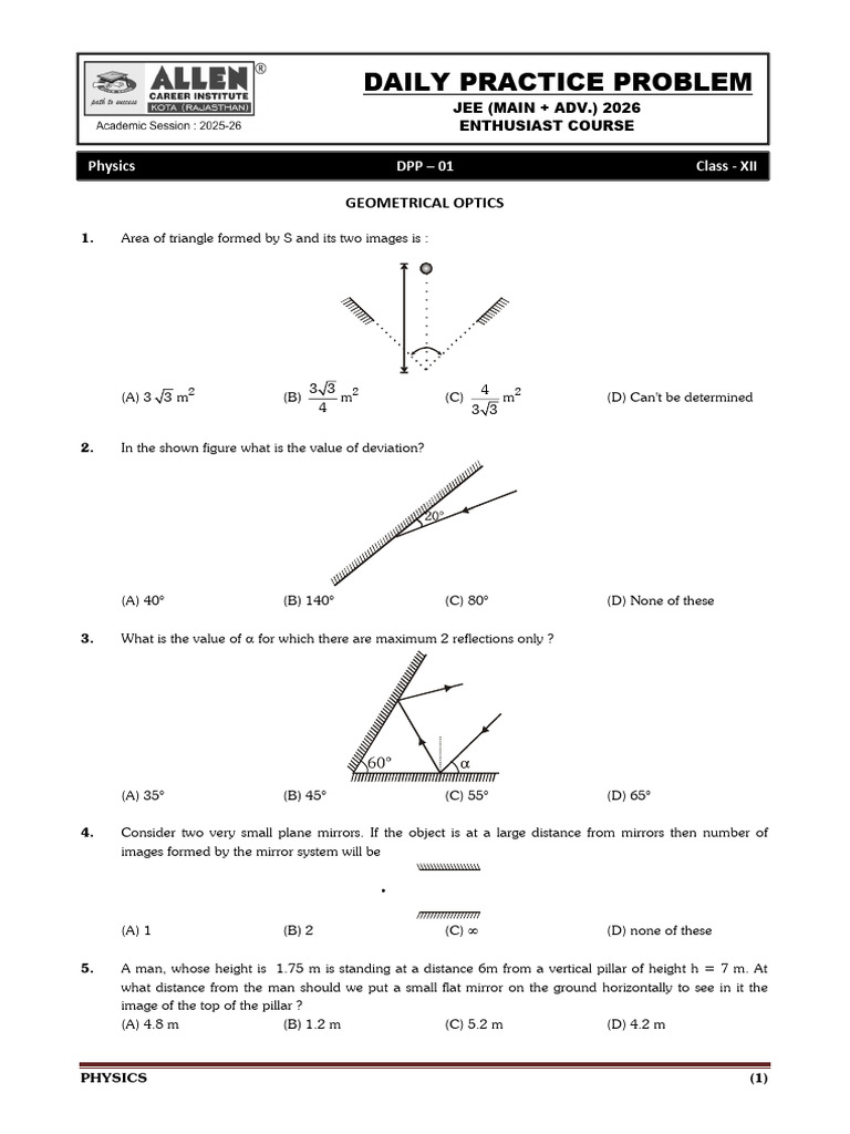 Daily Practice Problem: Geometrical Optics | PDF | Isomer | Mirror