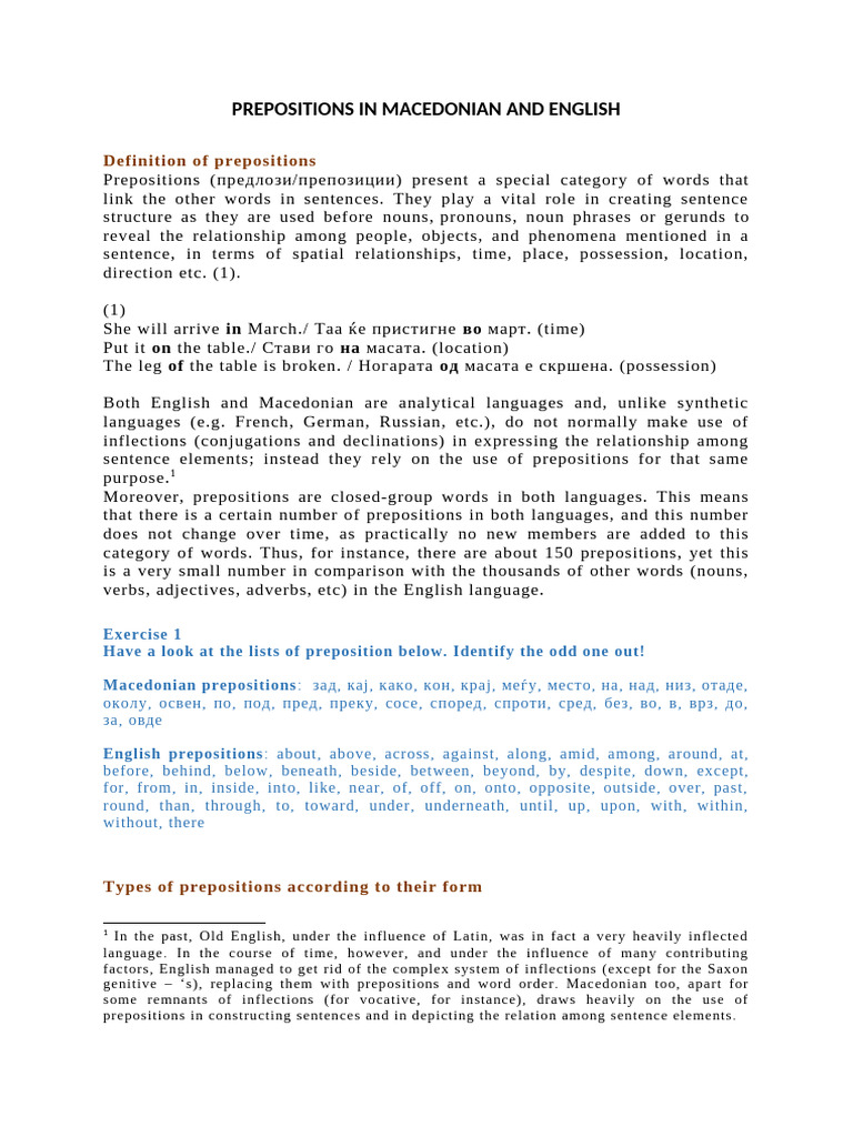 Prepositions in Macedonian and English | PDF | Phrase | Grammatical Number