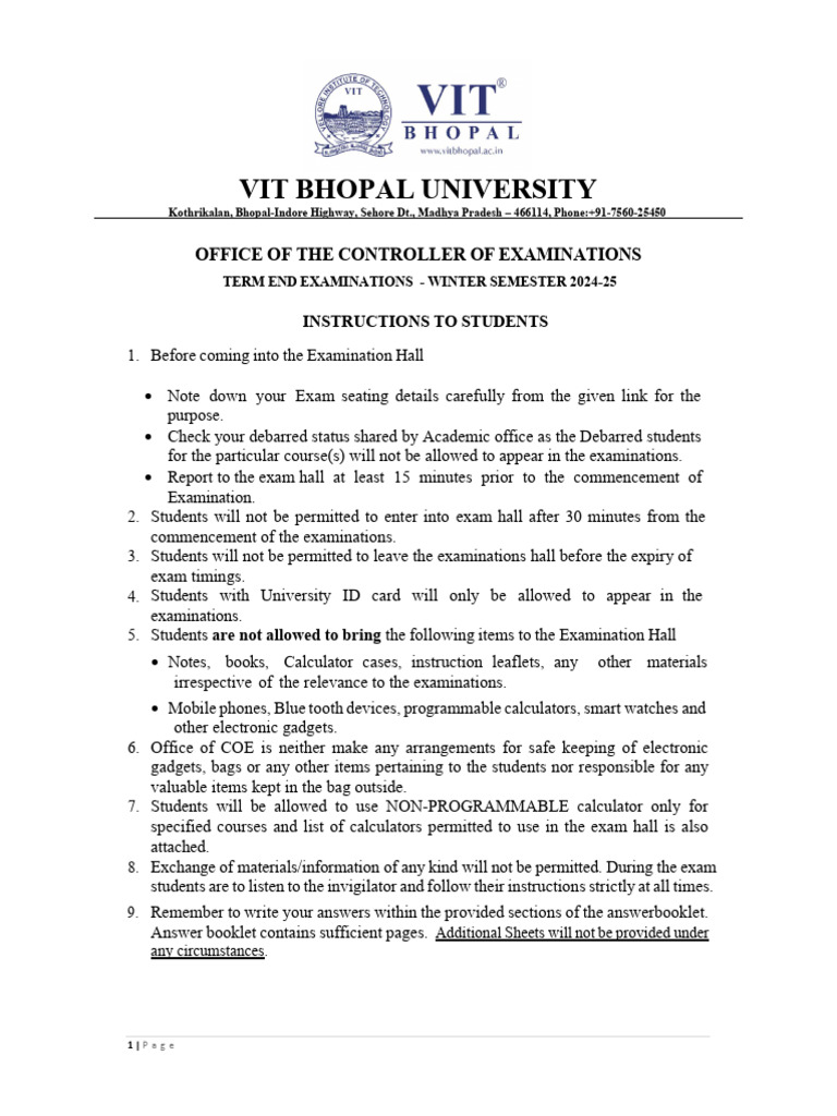 Exam Instructions for VIT Bhopal 2024-25 | PDF