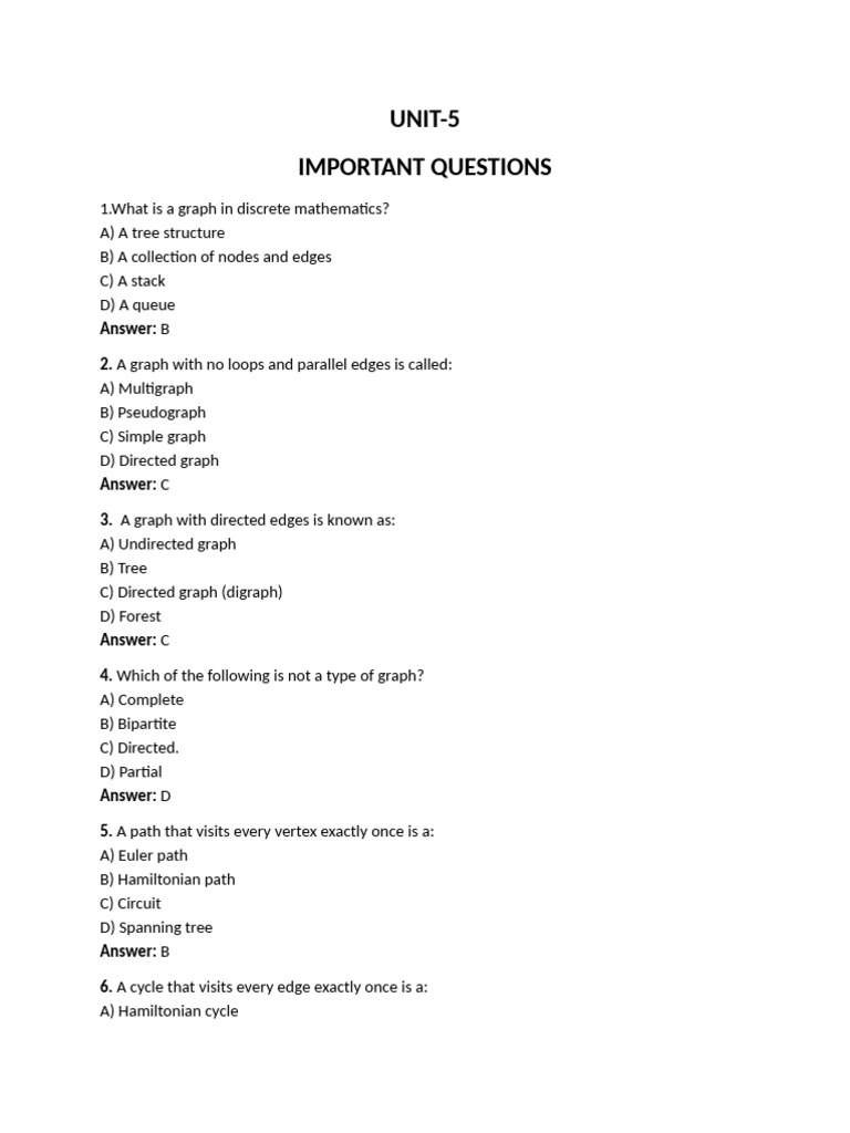 UNIT-5 Important Questions | PDF | Vertex (Graph Theory) | Mathematical ...