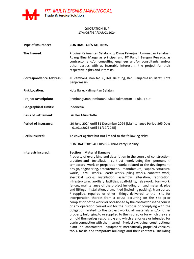 Contractor's All Risks Insurance Quote | PDF | Insurance | Liability ...