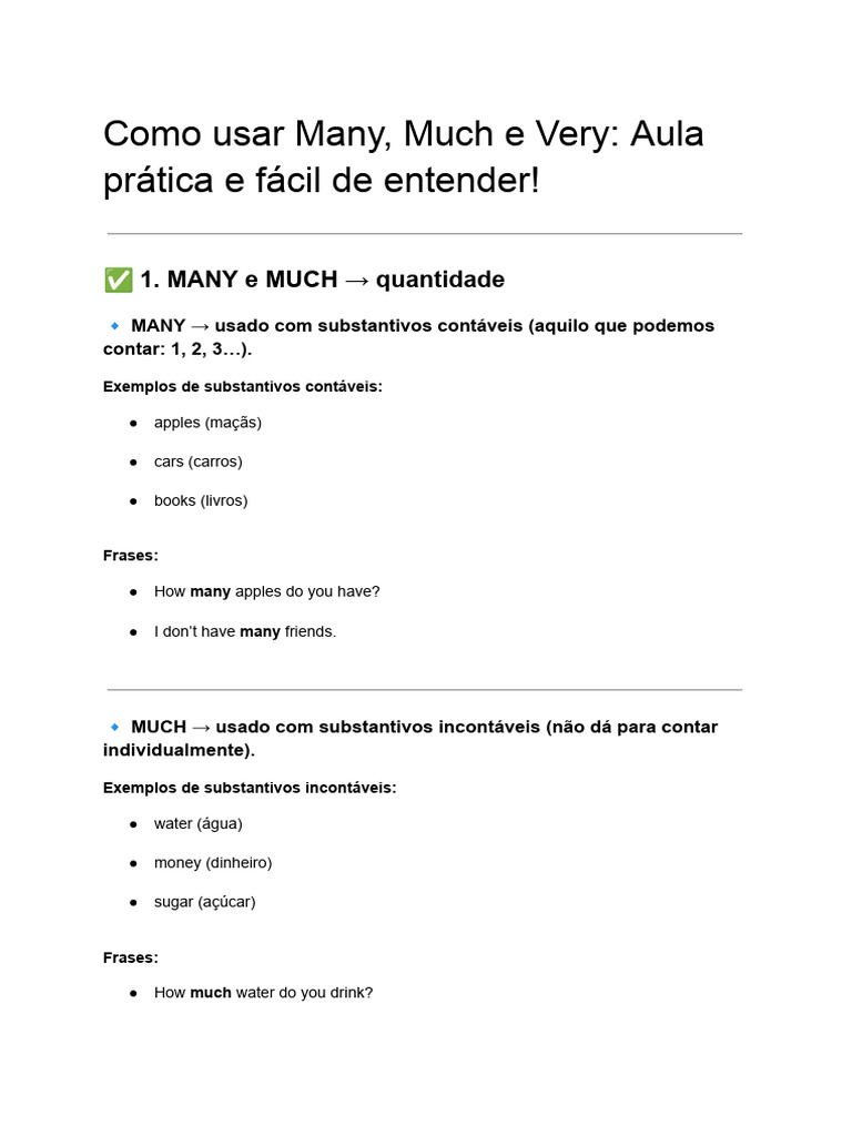 Como Usar Many, Much e Very | PDF