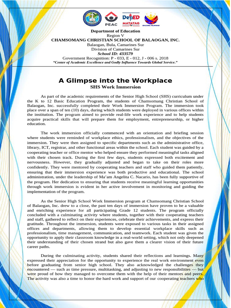 SHS Work Immersion Program Overview | PDF | Mentorship | Teachers