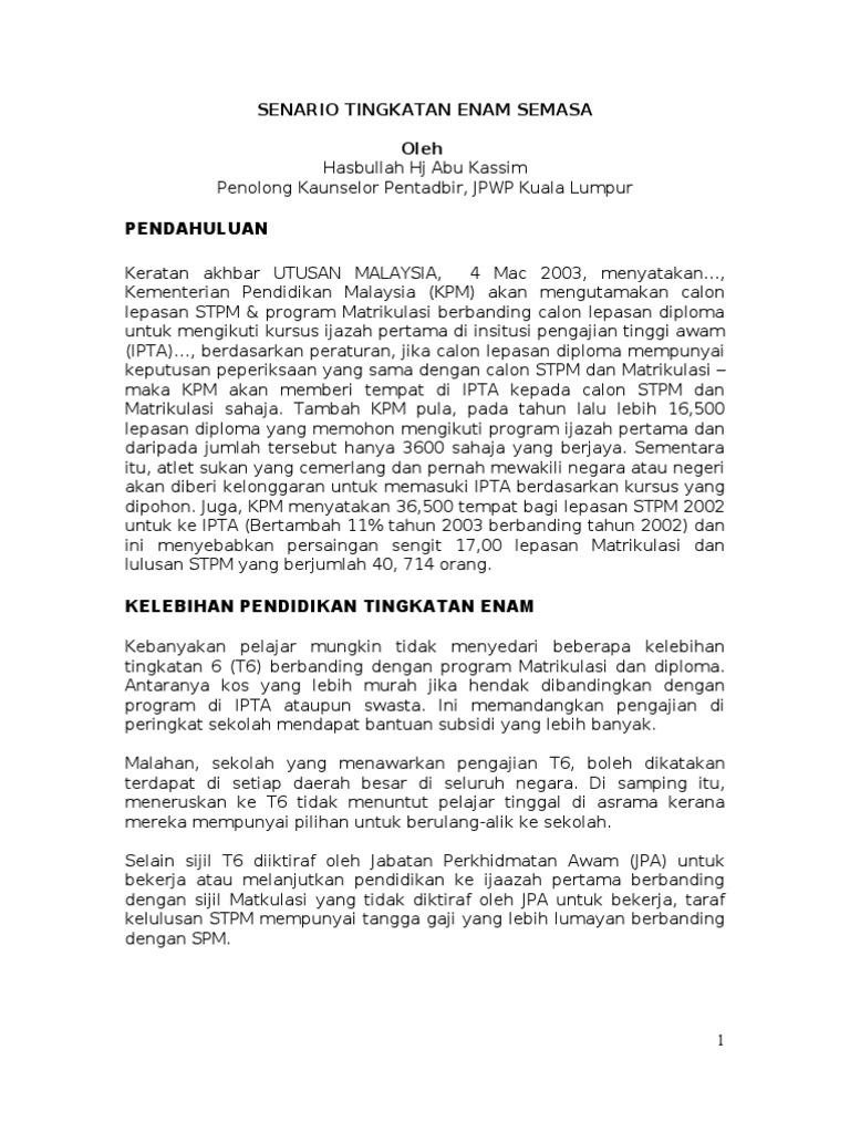 Senario Tingkatan Enam Semasa Pdf