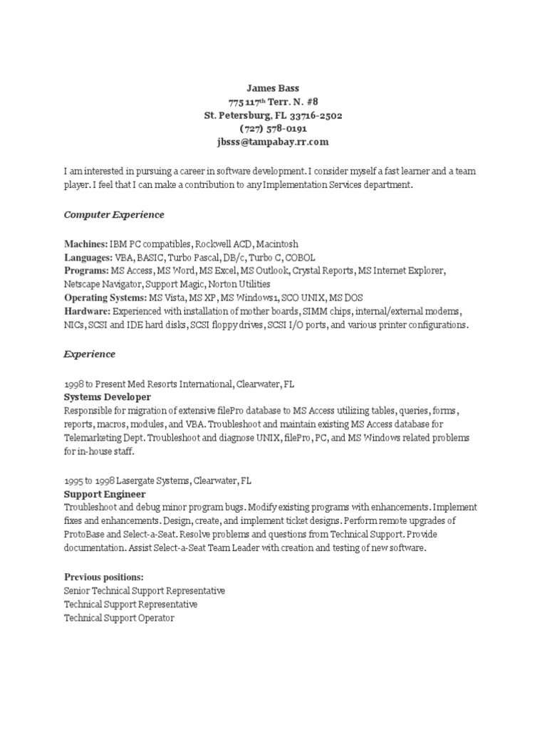 Software Developer Career Profile | PDF | Microsoft Access | Software
