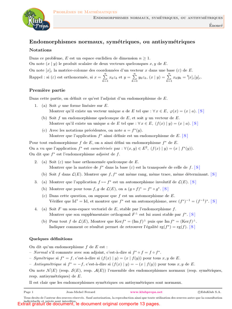 Endomorphismes Normal, Symétrique, Antisymétrique PDF Valeur — free download