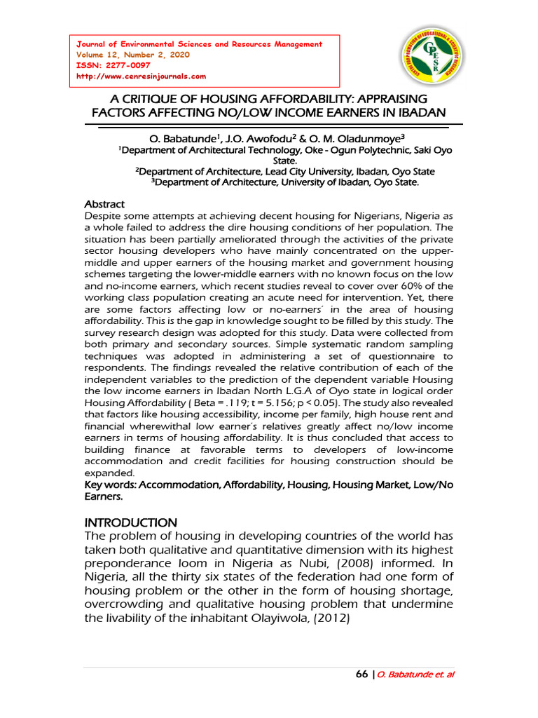 Housing Affordability for Low Earners in Ibadan | PDF