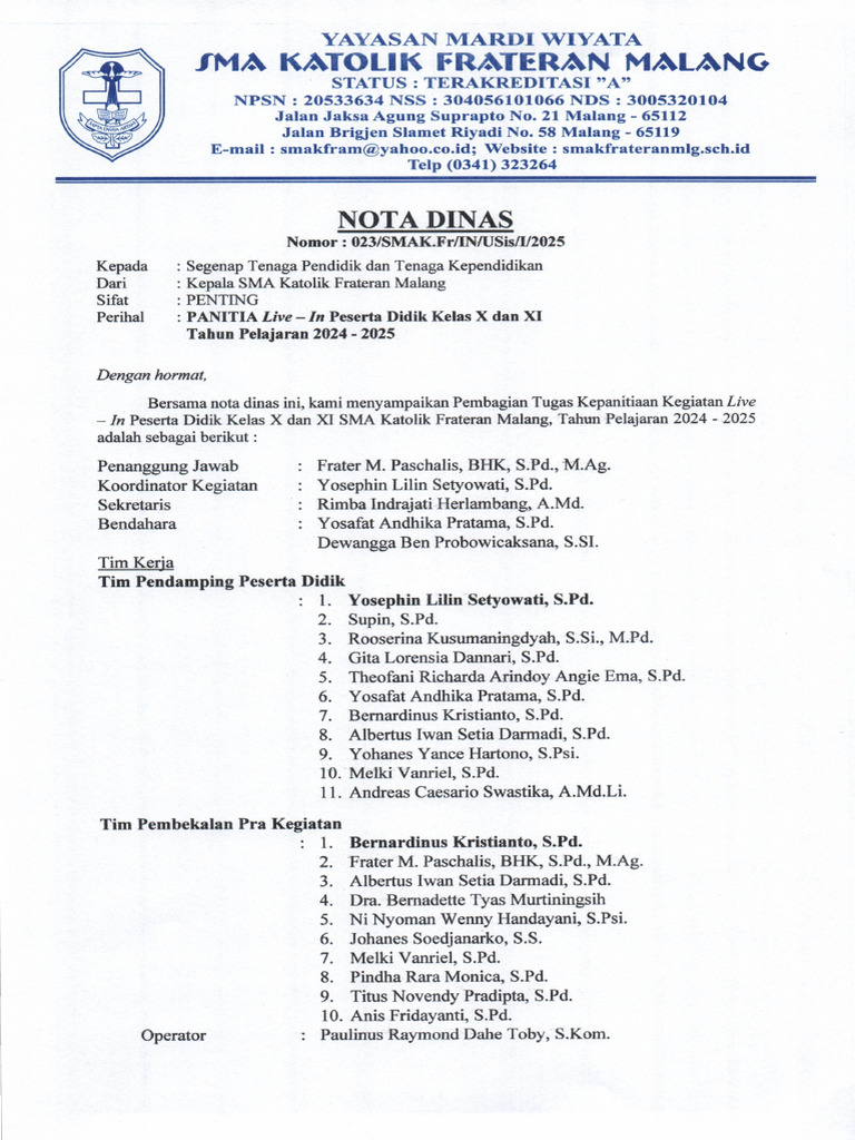 023 - NOTA DINAS Panitia Live in Kelas X Dan XI Tahun 2025 | PDF