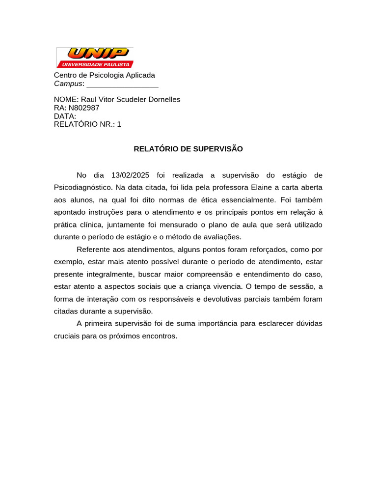 Relatório de Supervisão de Estágio em Psicologia | PDF
