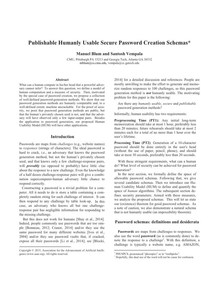 Publishable Humanly Usable Secure Password Creation Schemas | PDF ...