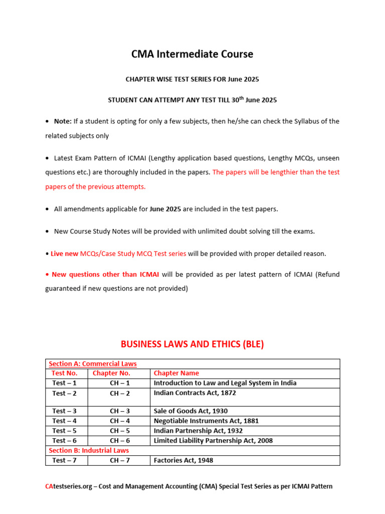 CMA Inter Test Series for June 2025 | PDF | Taxes | Management Accounting