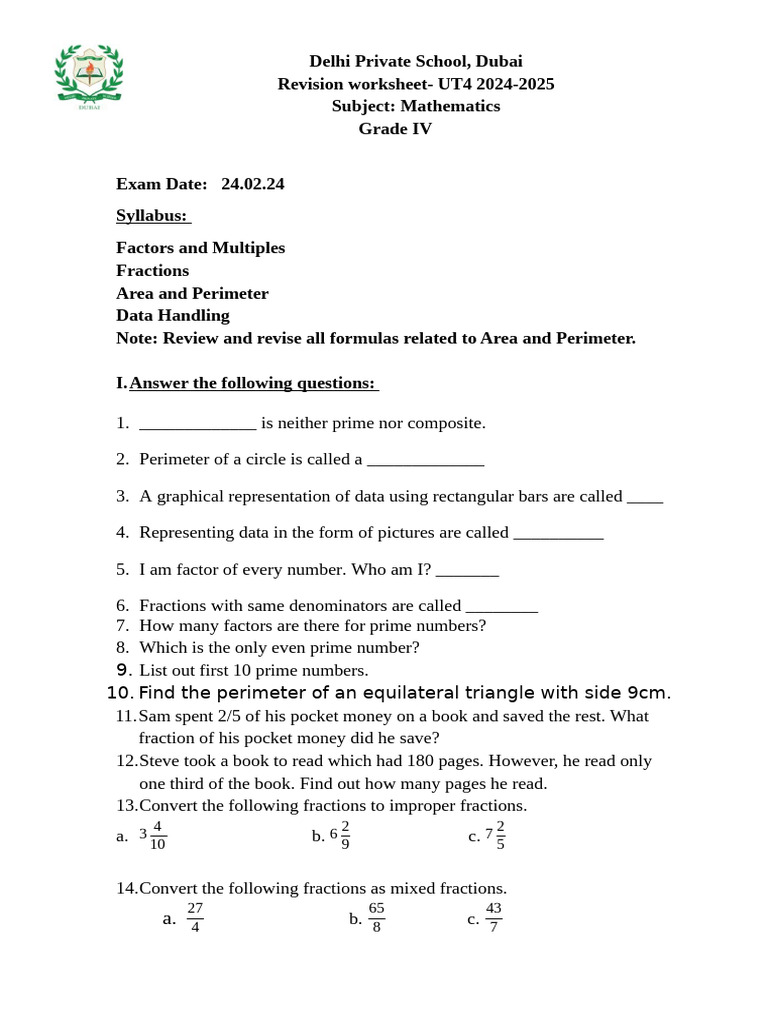 Math GR IV UT 4 Revision Sheet | PDF | Area | Numbers