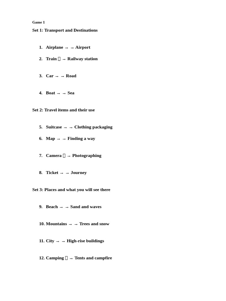 Travel Games: Transport and Destinations | PDF