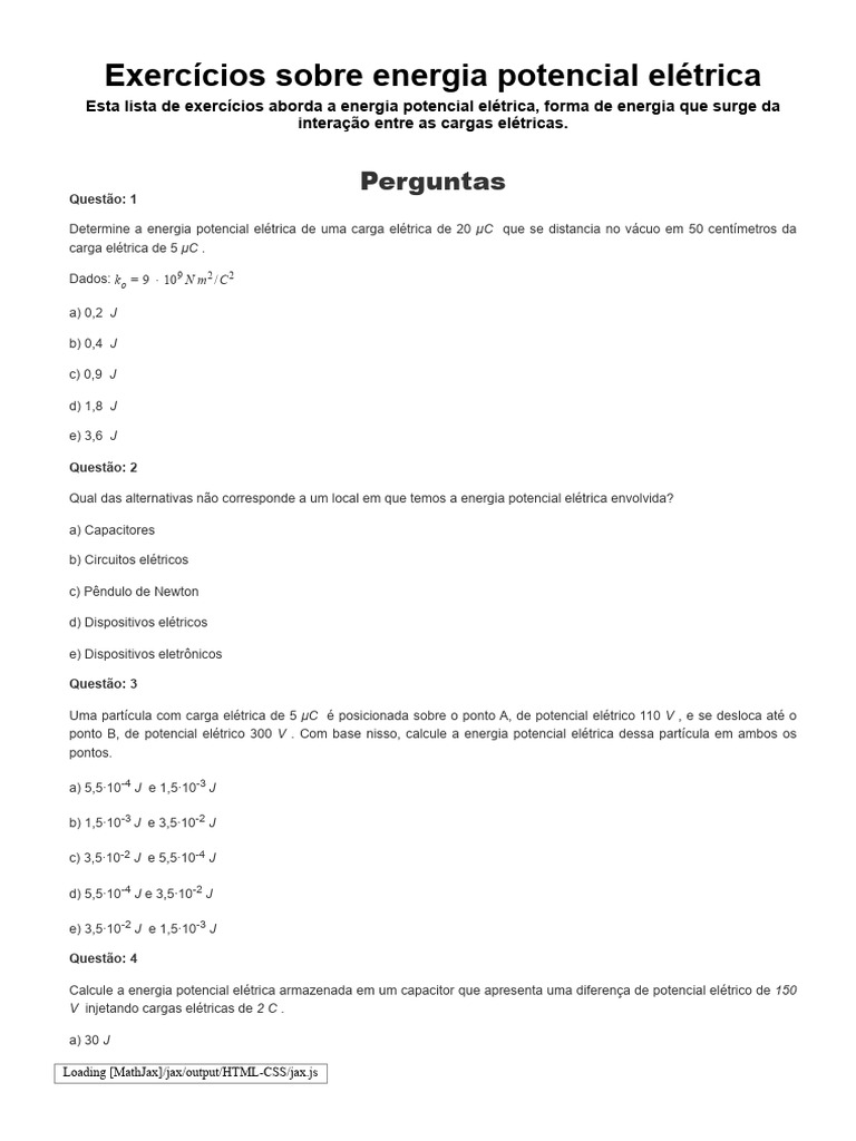 Exercícios sobre Energia Potencial Elétrica | PDF | Eletricidade ...