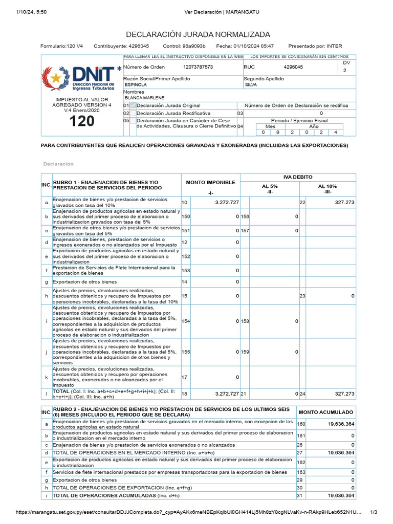 Declaración Jurada IVA 2024 Formulario 120 | PDF | Impuesto al valor ...