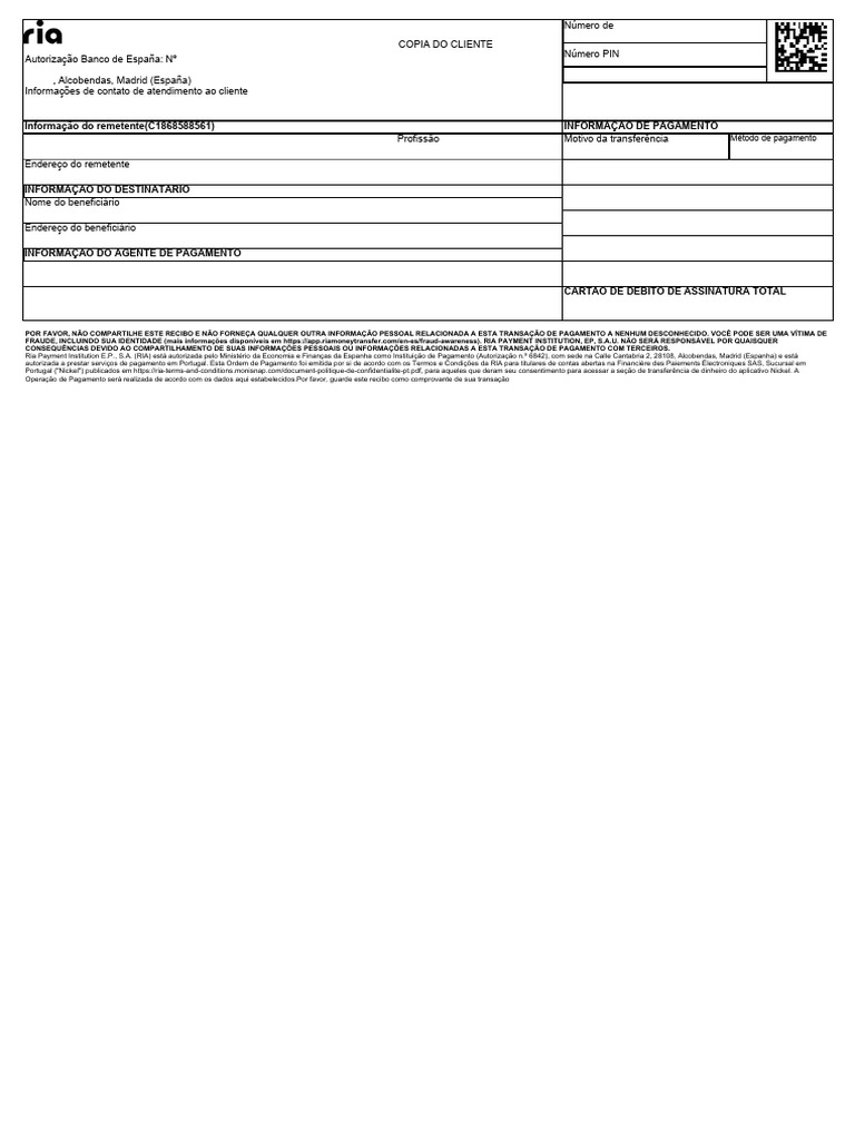 Recibo de Transferência Ria Payment | PDF