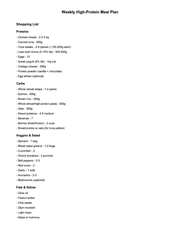 Weekly High Protein Meal Plan | PDF