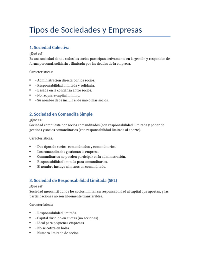 Tipos de Sociedades y Empresas | PDF | Sociedad de responsabilidad ...