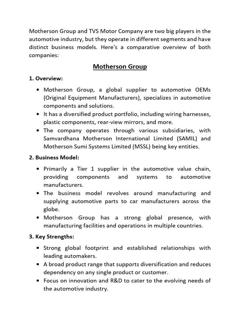 Motherson vs TVS Motor Industry Comparison PDF Automotive Industry
